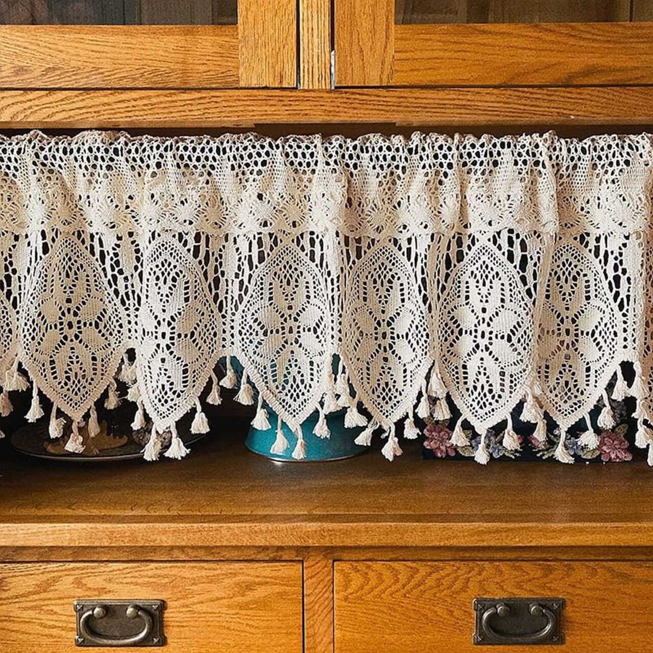 Retro Crochet Curtain Valance for Kitchen Window - 35"W x 15"L (Pack of 1) (Beige)